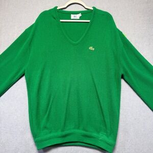 Vintage Izod Lacoste V-Neck Sweater Mens XXL Green Knit Crocodile Logo Classic